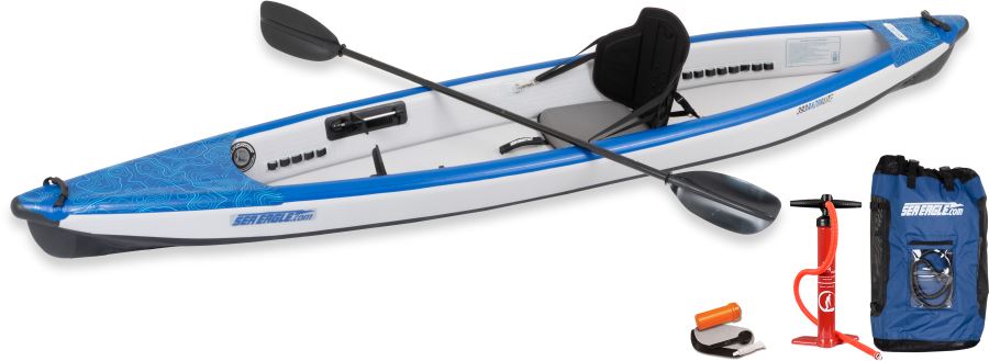 12 foot Inflatable Sea Eagle Kayak 393RLKPC RazorLite Pro Carbon Paddle Solo Package, 1 Seater, Easy Transport, Fast Set Up