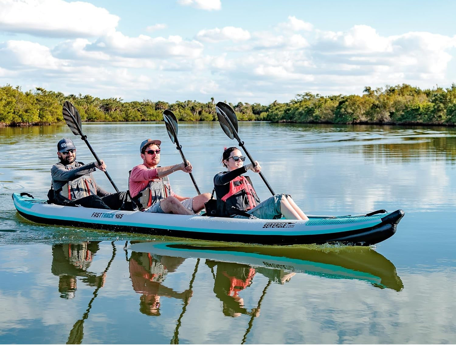 15 foot Inflatable Sea Eagle FastTrack 465FTKP Kayak V Bottom Pro Carbon Package,3 Person, Easy Transport, Fast Set Up