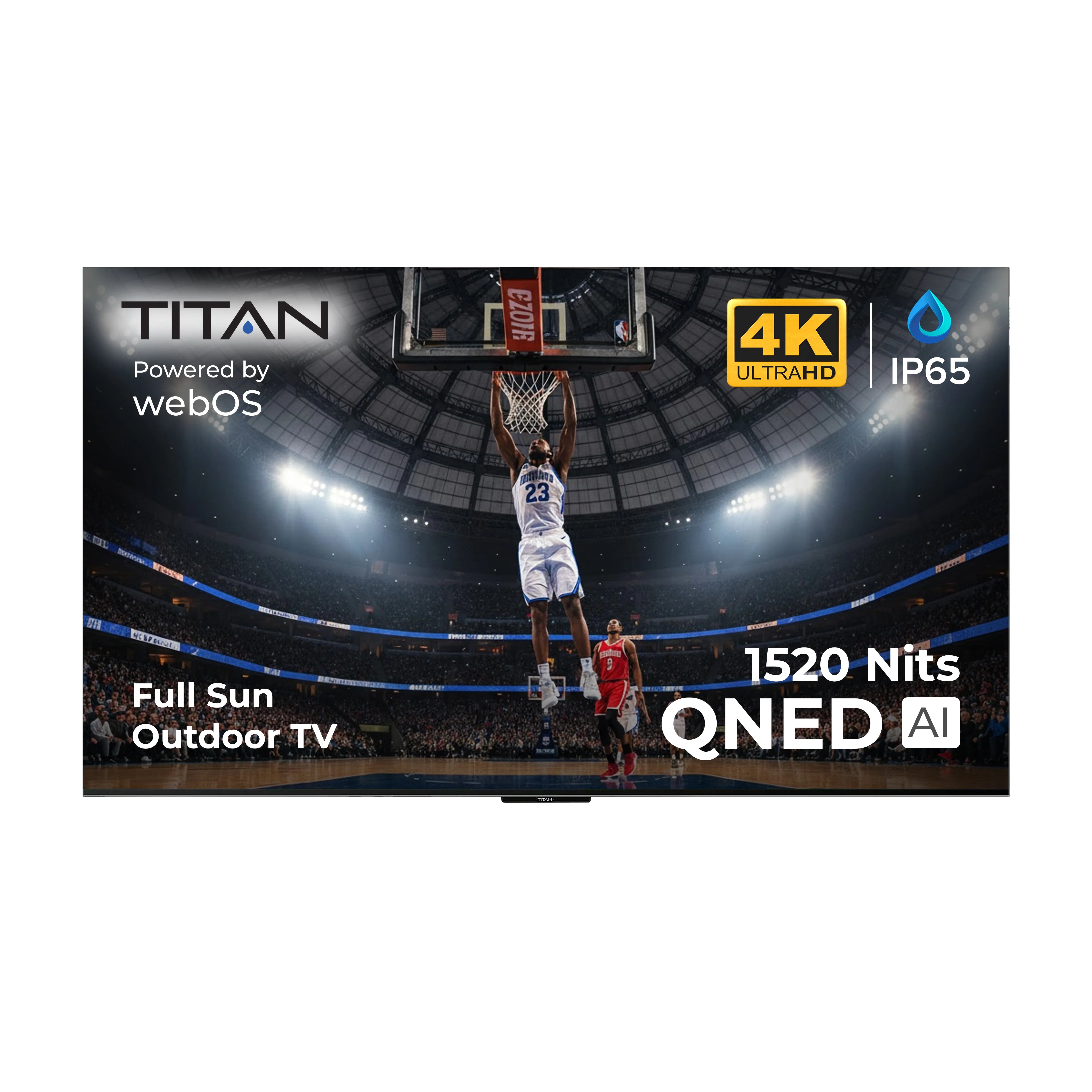 Titan Full Sun Outdoor TV,L300 Mini- LED QNED,IP65 Weatherproof,1520 Nit Brightness,WebOS,4K, Dlby Atmos