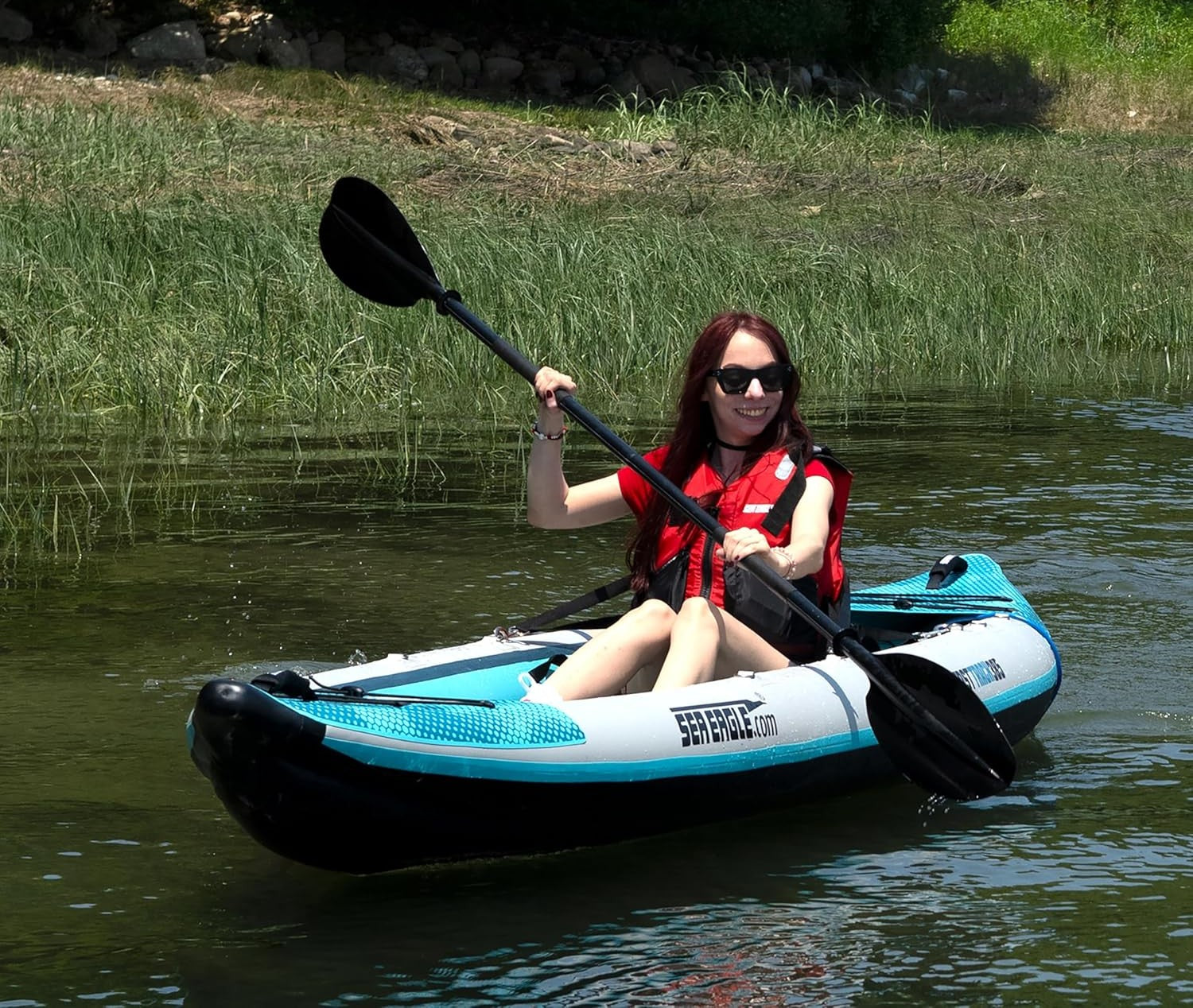 12 foot Inflatable Sea Eagle Kayak 385FTKPSB FastTrack V-Bottom Pro Solo Package, 1 Seater, Easy Transport, Fast Set Up