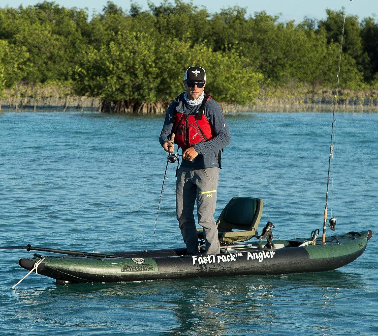12 foot Inflatable Sea Eagle Kayak 385FTAKFR Pro FasTrack Angler Package, Solo 360° Swivel Seater, Easy Transport, Fast Set Up