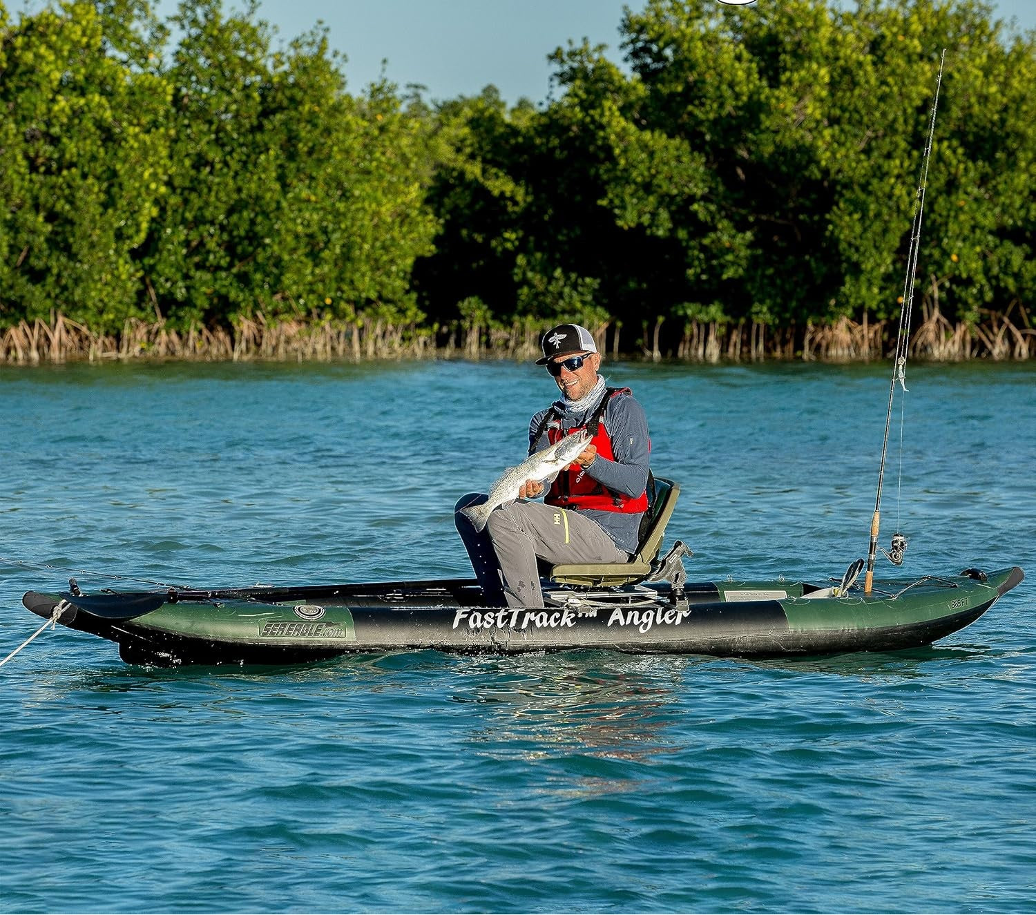 12 foot Inflatable Sea Eagle Kayak 385FTAKFR Pro FasTrack Angler Package, Solo 360° Swivel Seater, Easy Transport, Fast Set Up