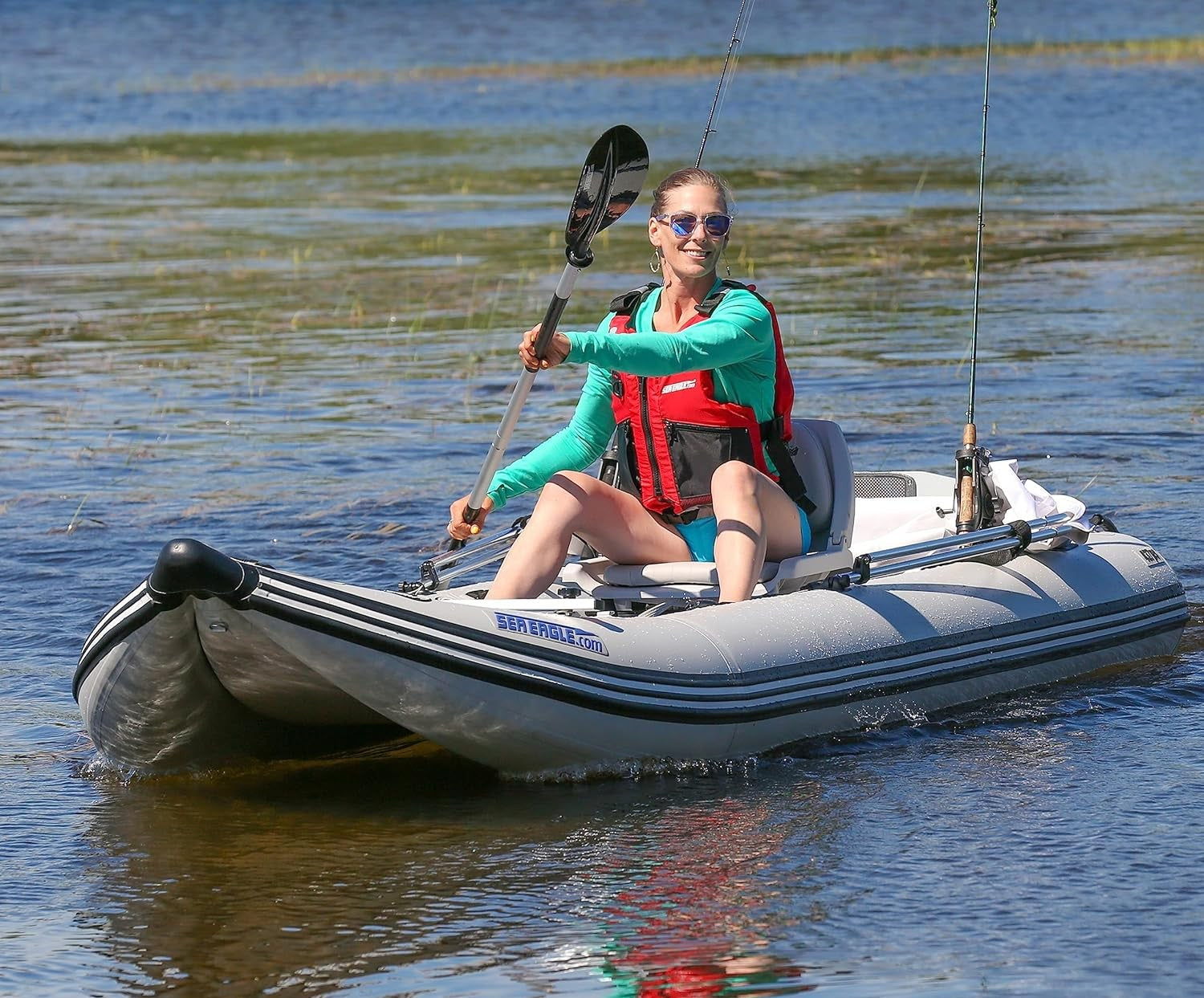 Sea Eagle 437PSKSW,PaddleSki,14 foot Inflatable Catamaran,Swivel Seat Package,2 Person,Easy Transport,Fast Set Up