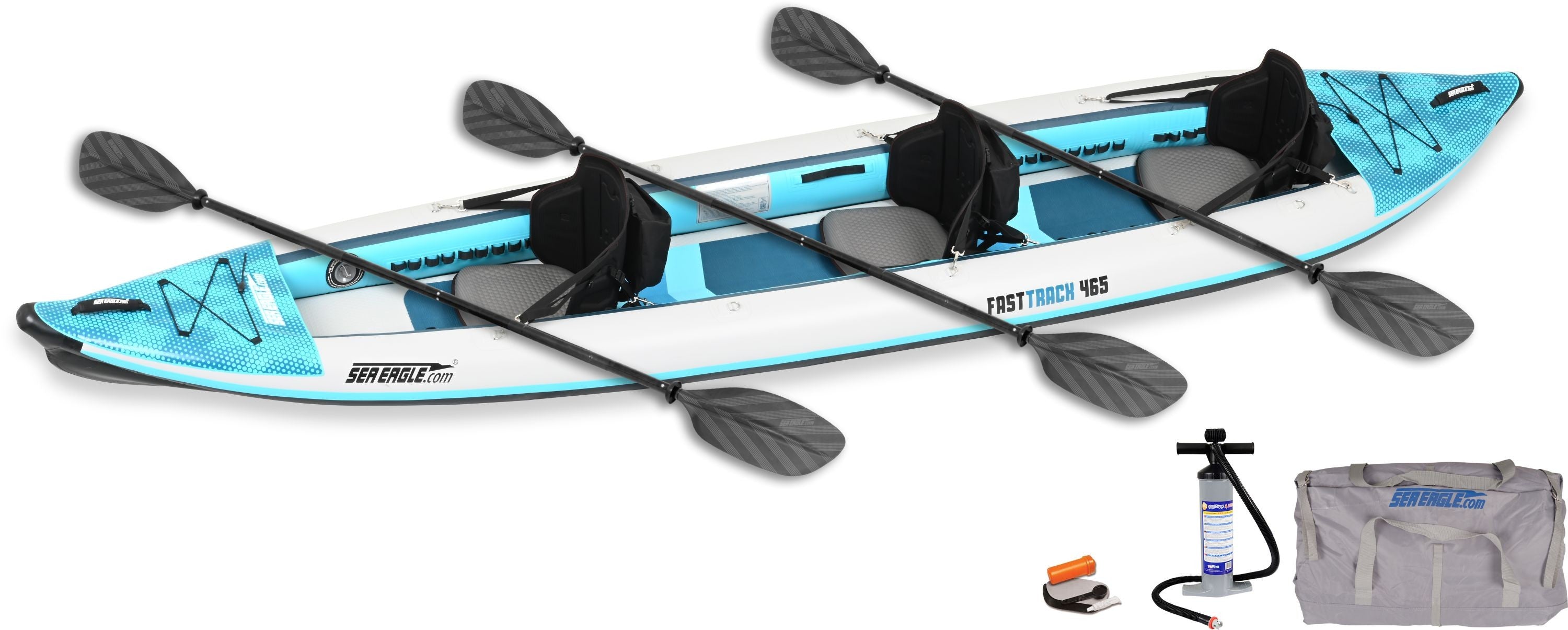 15 foot Inflatable Sea Eagle FastTrack 465FTKP Kayak V Bottom Pro Carbon Package,3 Person, Easy Transport, Fast Set Up