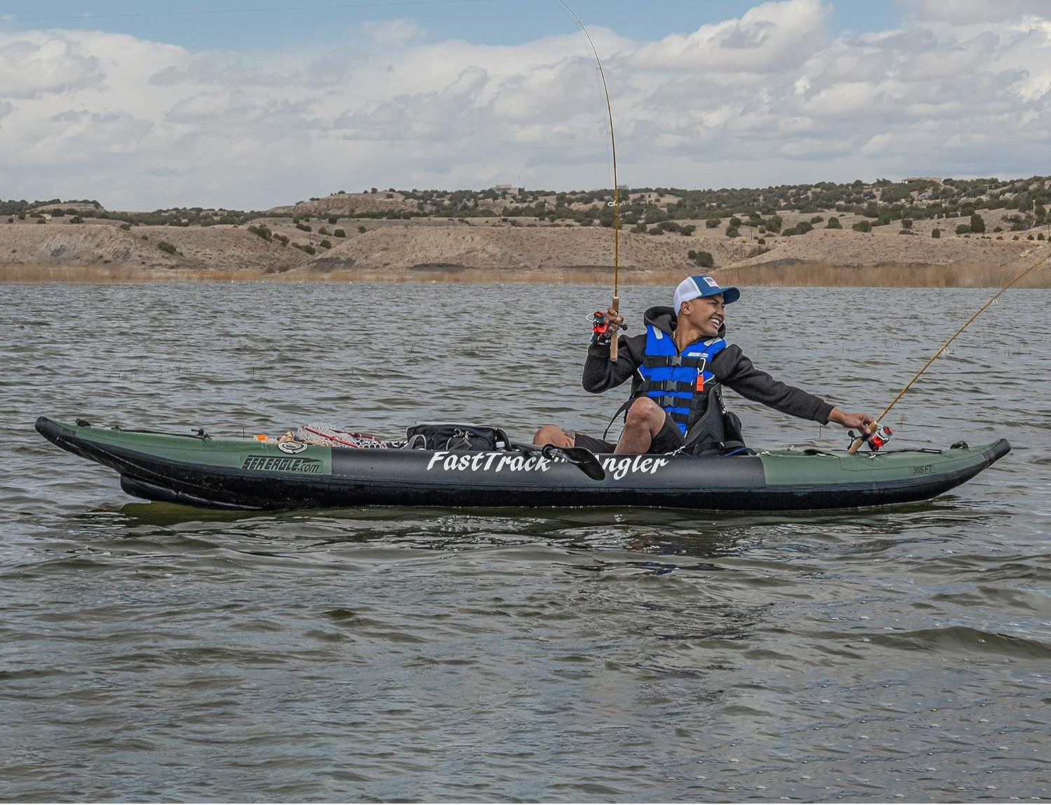 12 foot Inflatable Sea Eagle Kayak 385FTAKP Green Pro FasTrack Angler Package, 1-2 Seater, Easy Transport, Fast Set Up