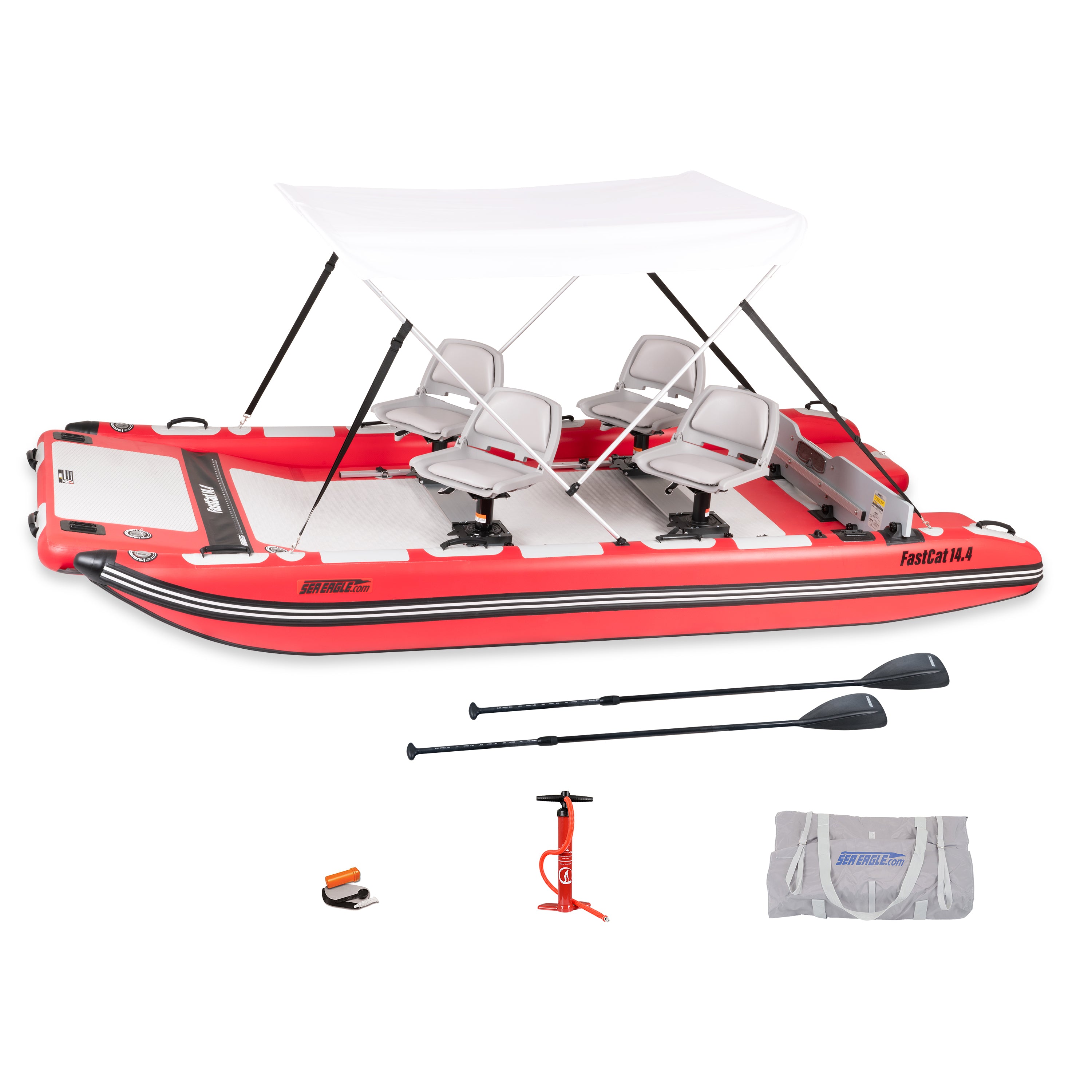 Sea Eagle FastCat14KSWC,14 foot Inflatable Catamaran,Swivel 4 Seat Package,with Canopy