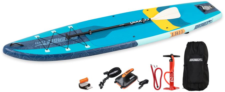 Sea Eagle Long Board LB11KEP,11 foot Inflatable SUP,Elec Pump/Carbon Paddle Package,Solo,Easy Transport,Fast Set Up